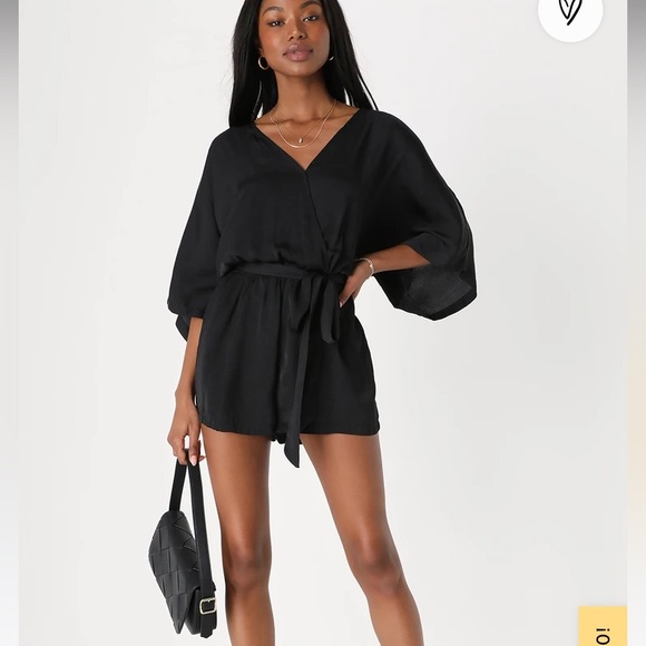 NWOT Lulus Ain't It Grand Black Satin Surplice Romper - Picture 2 of 6